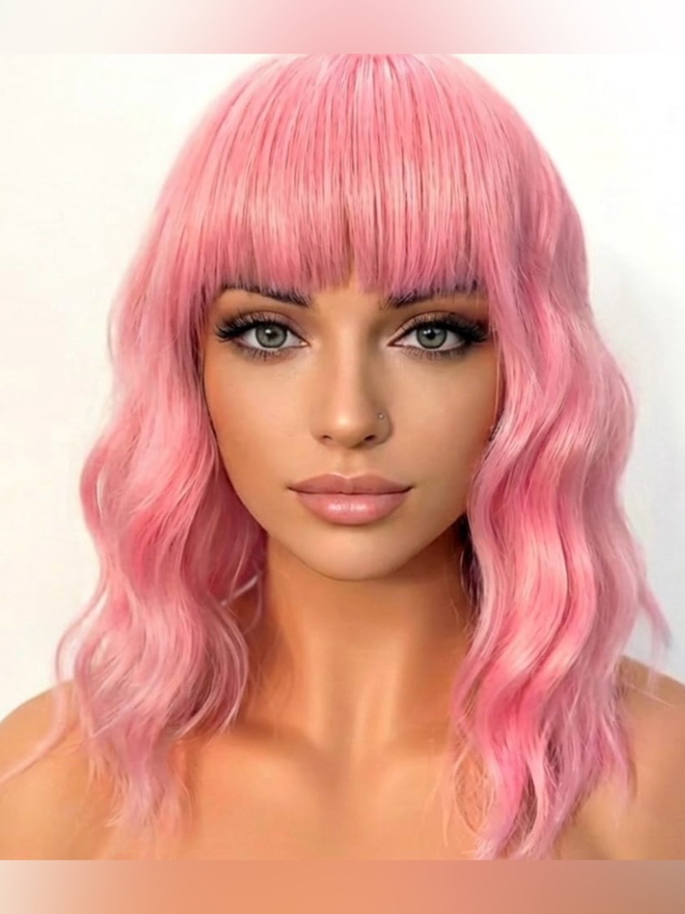 Short Wavy Pastel Pink Wig with Bangs Women NEW